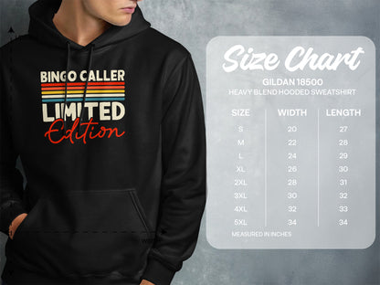 Hoodie with "Bingo Caller Limited Edition" text, showing a size chart.