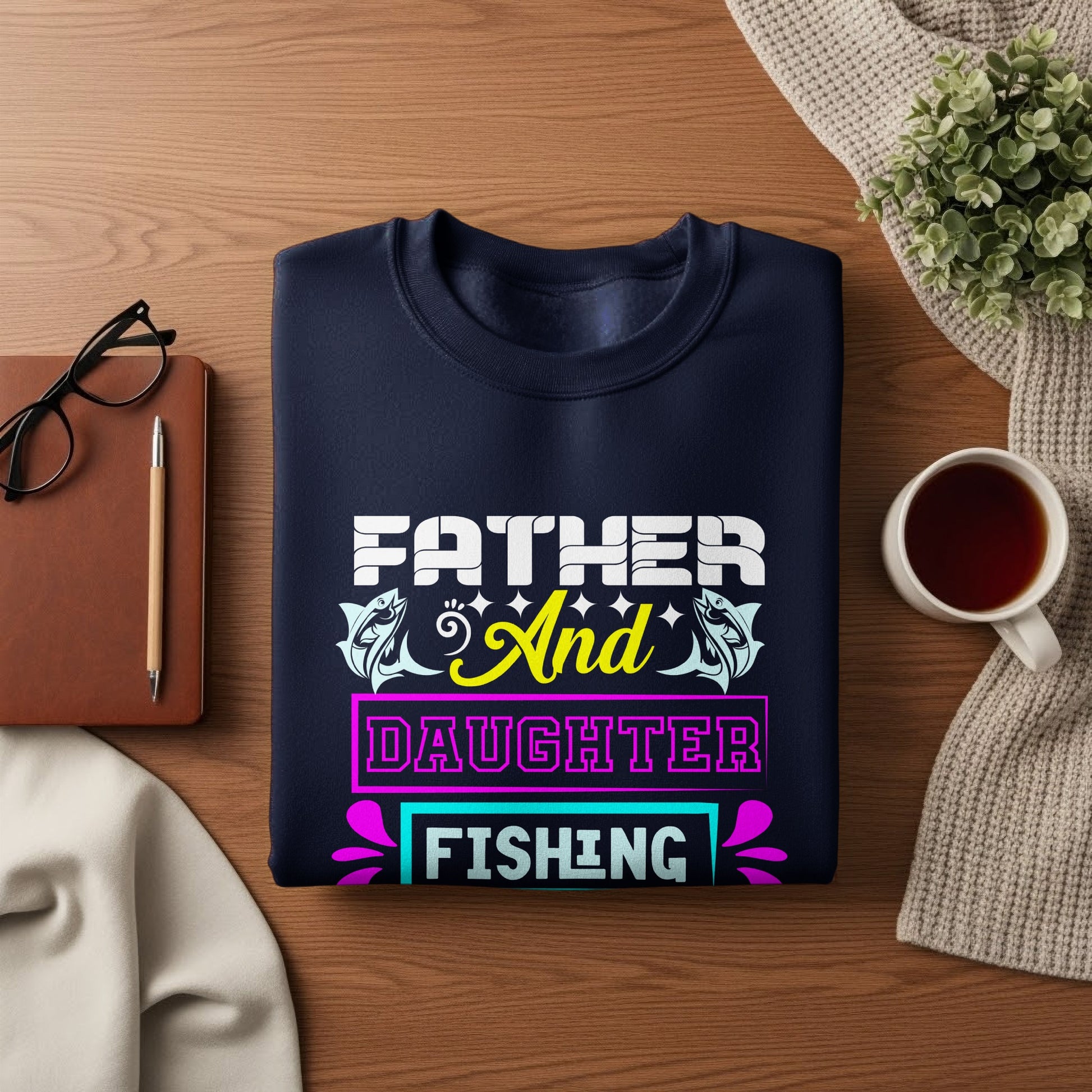 Navy sweatshirt with "Father and Daughter Fishing" text and fish graphics.
