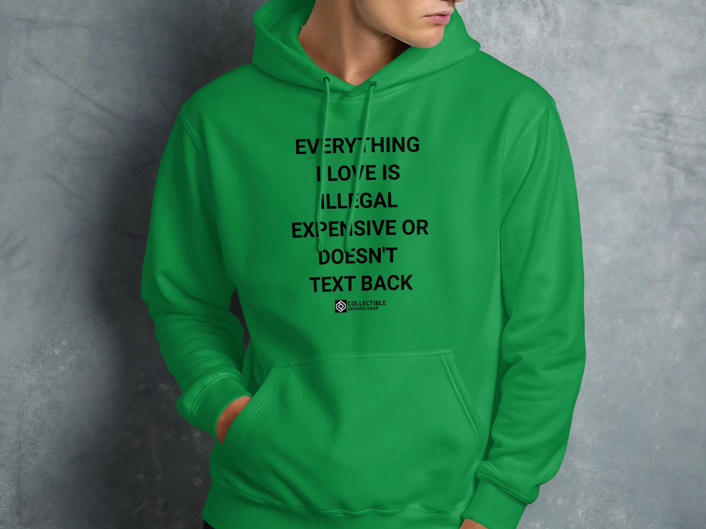 EVERYTHING I LOVE IS ILLEGAL EXPENSIVE OR DOESN'T TEXT BACK hoodie