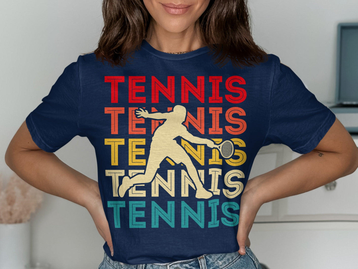 Navy t-shirt with "TENNIS" in red, orange, yellow, and teal.
