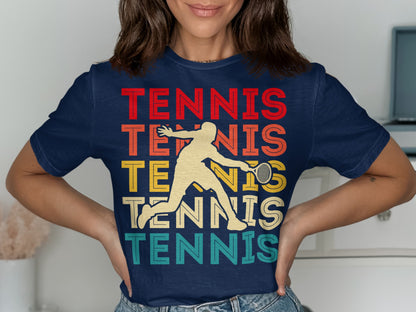 Navy t-shirt with "TENNIS" in red, orange, yellow, and teal.