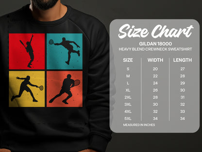 Gildan 18000 sweatshirt size chart with four silhouette tennis players.