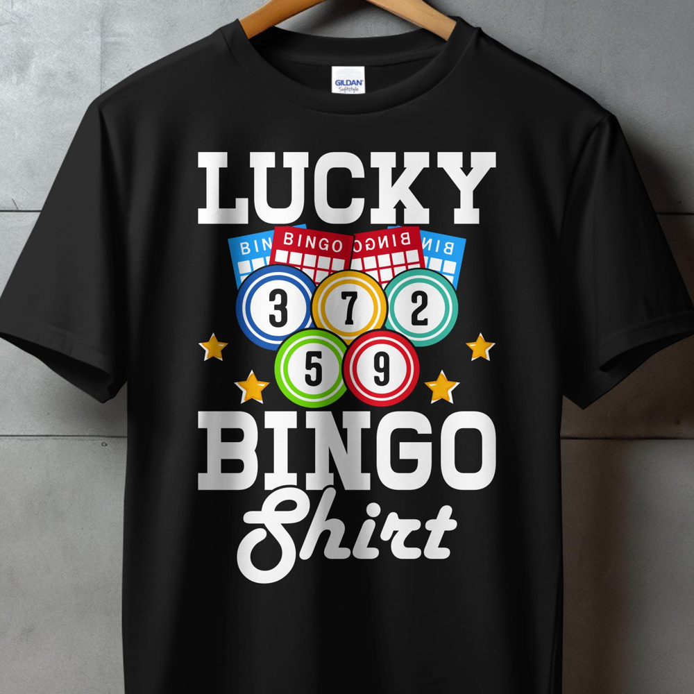 Black t-shirt with "Lucky BINGO Shirt" and colorful bingo balls.