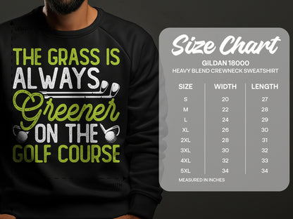 Sweatshirt size chart for Gildan 18000 crewneck, listing sizes S-5XL with width and length.