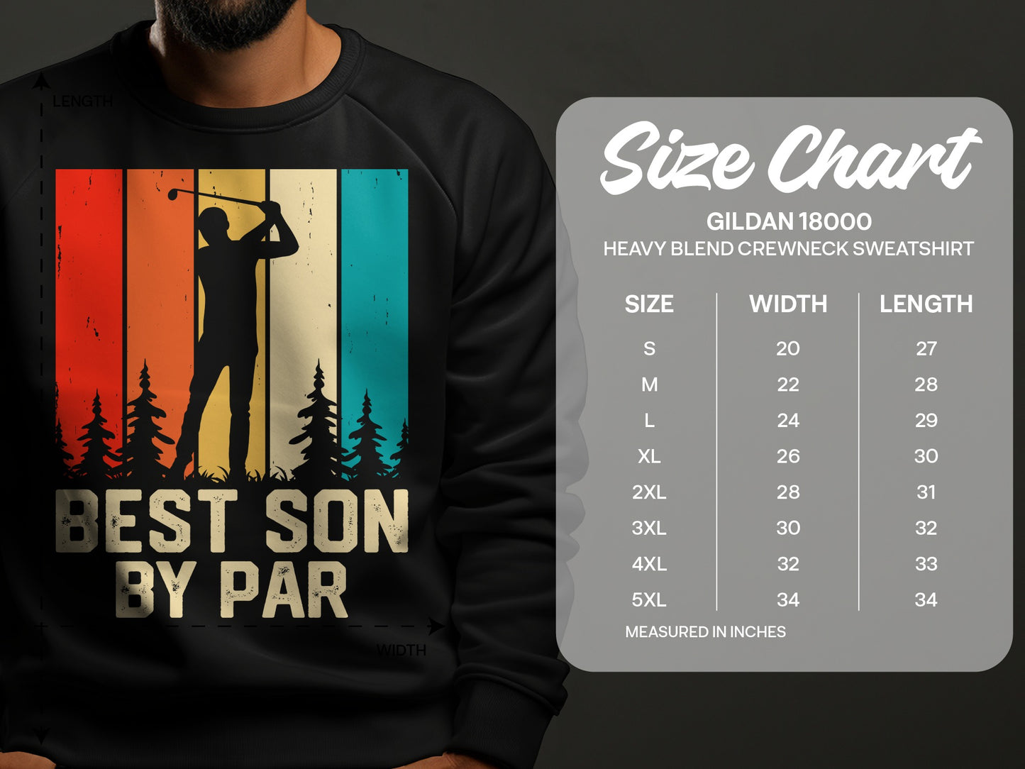 "Best Son By Par" graphic sweatshirt with a golfer silhouette and size chart.