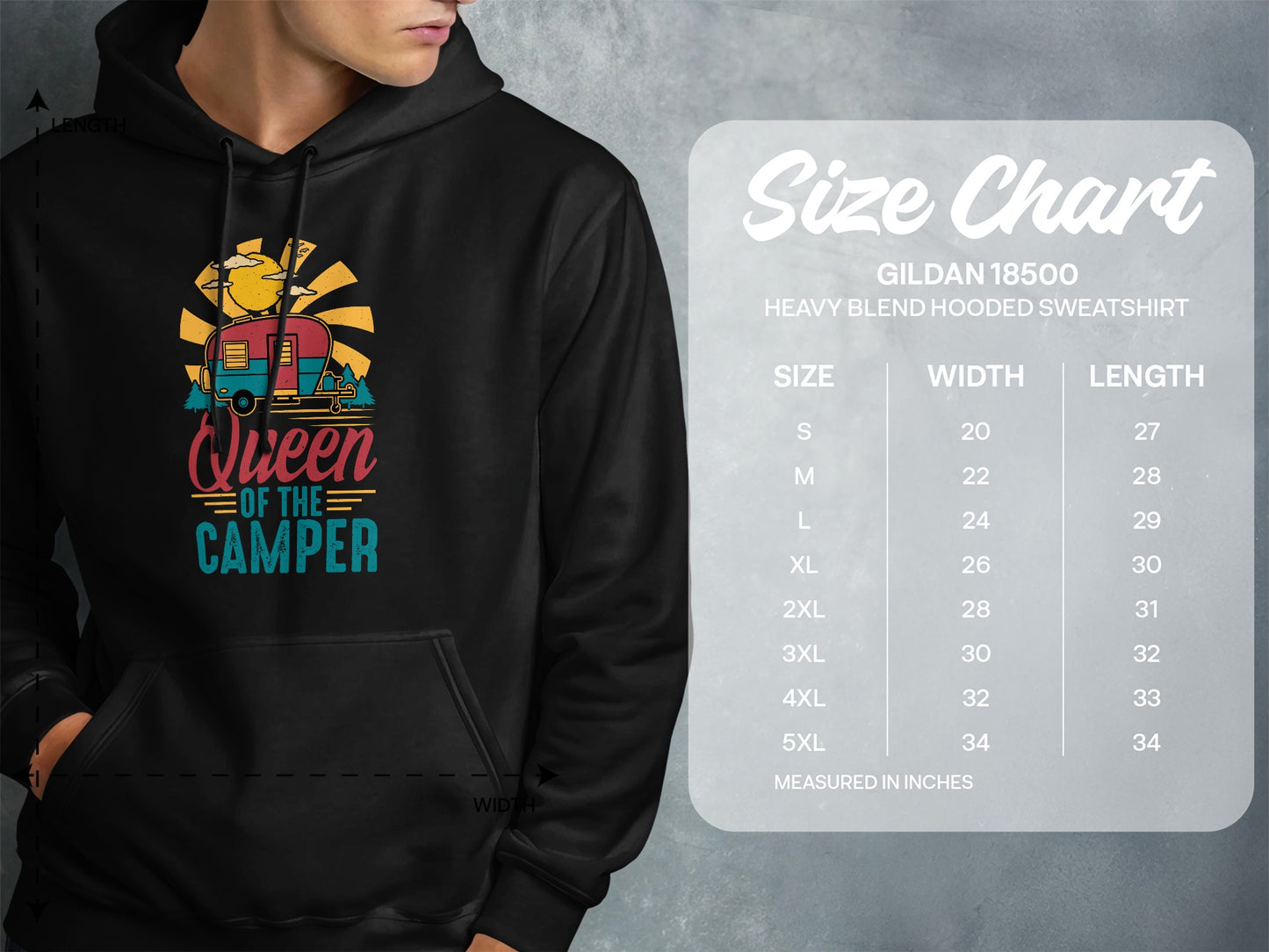 Gildan 18500 hoodie size chart with "Queen of the Camper" graphic.