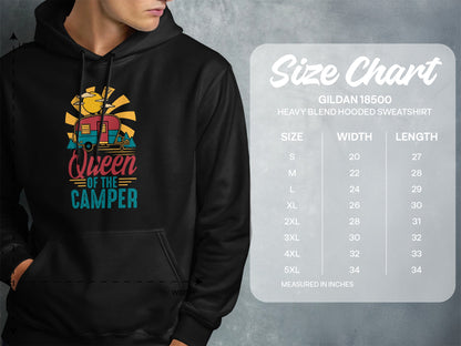 Gildan 18500 hoodie size chart with "Queen of the Camper" graphic.