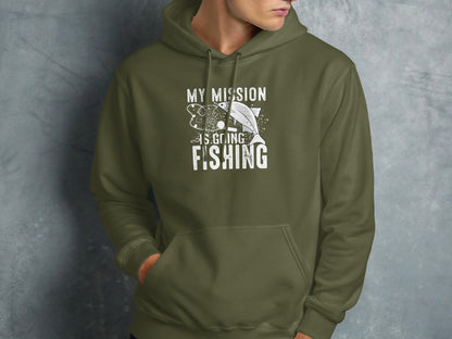 Olive green hoodie with "MY MISSION IS GOING FISHING" text and fish graphic.