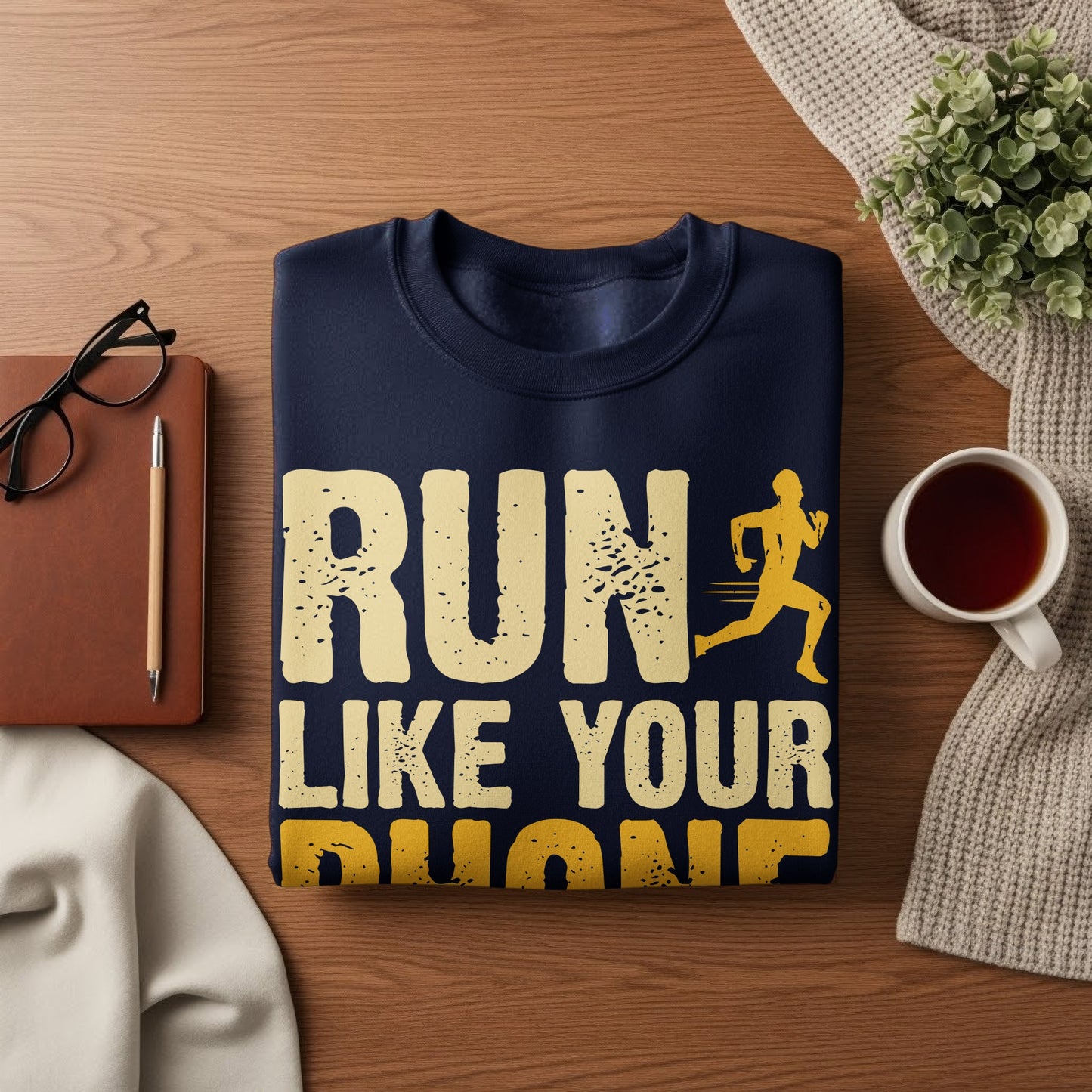 Navy sweatshirt with "RUN LIKE YOUR PHONE" text and runner graphic.