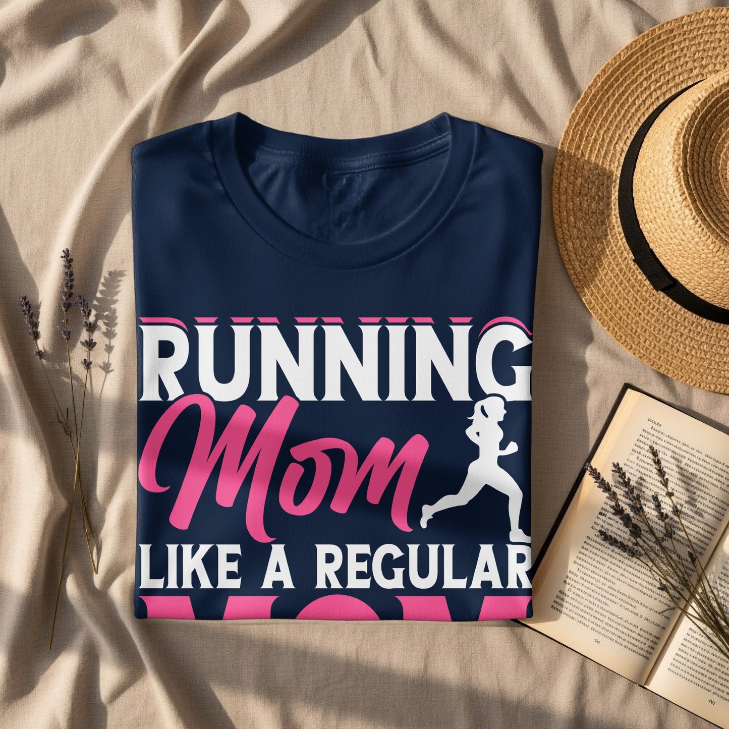 Navy t-shirt with "Running Mom Like A Regular" text and a runner graphic.
