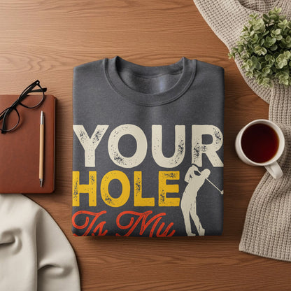 Dark grey sweatshirt with "YOUR HOLE In MU" text and golfer graphic.