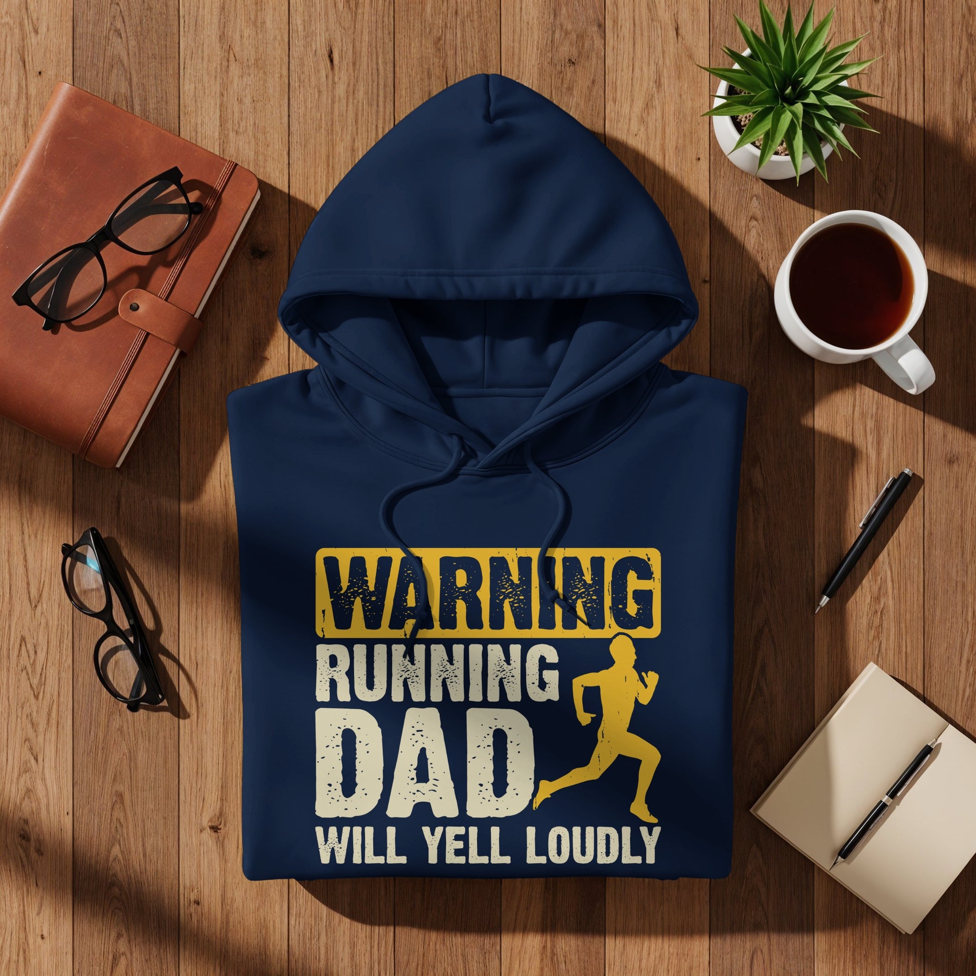 Navy hoodie with "WARNING RUNNING DAD WILL YELL LOUDLY" text and running figure.
