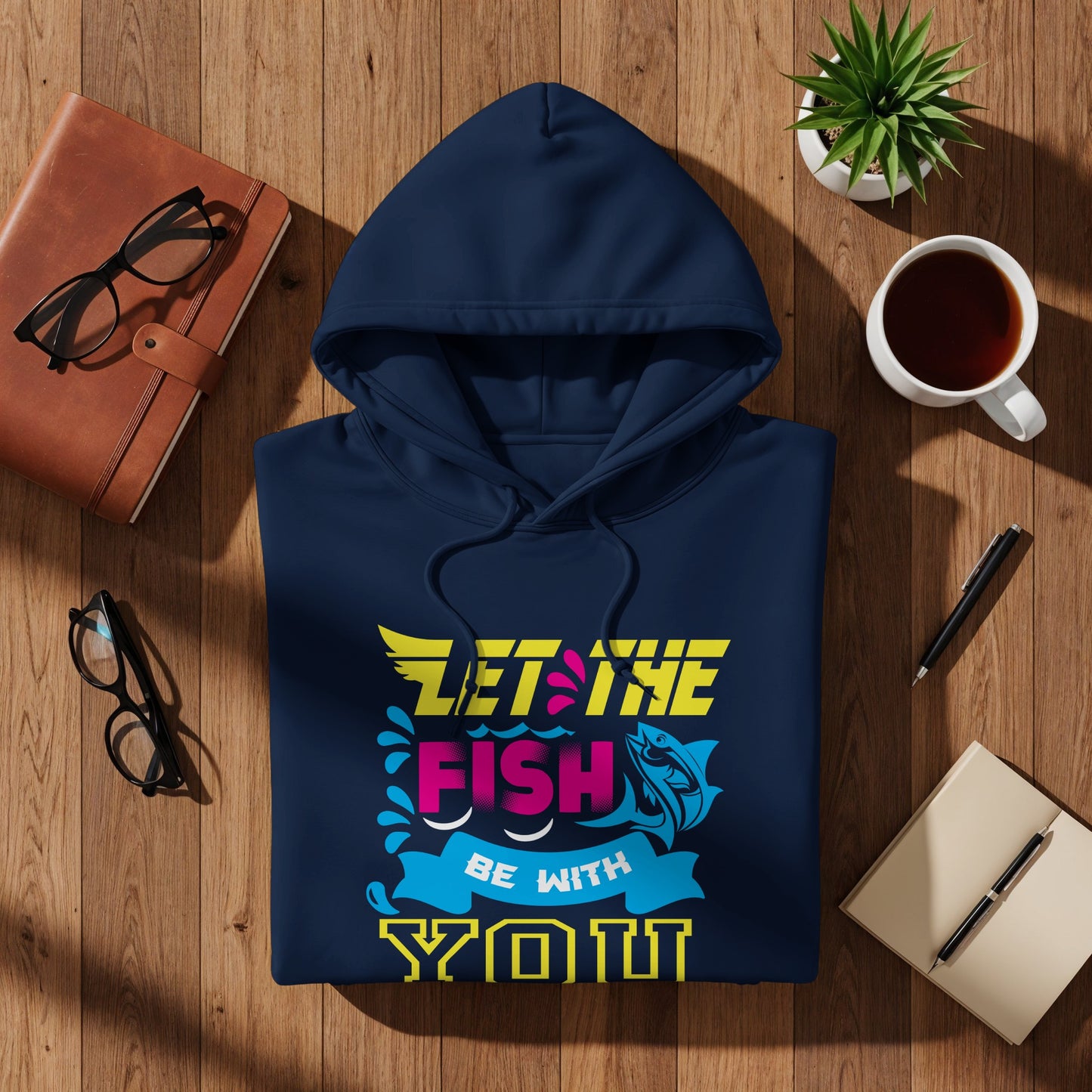 Navy hoodie with "Let the fish be with you" graphic and fish design.