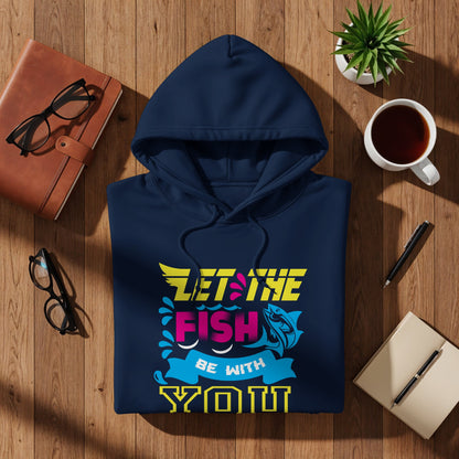 Navy hoodie with "Let the fish be with you" graphic and fish design.