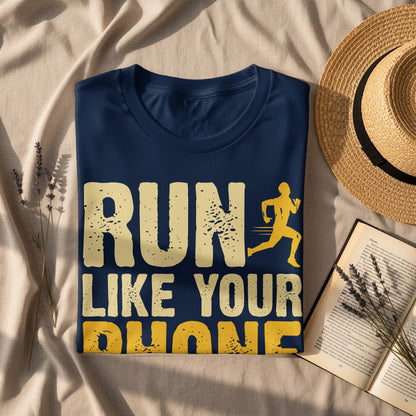 Navy t-shirt with "RUN LIKE YOUR PHONE" text and runner graphic.