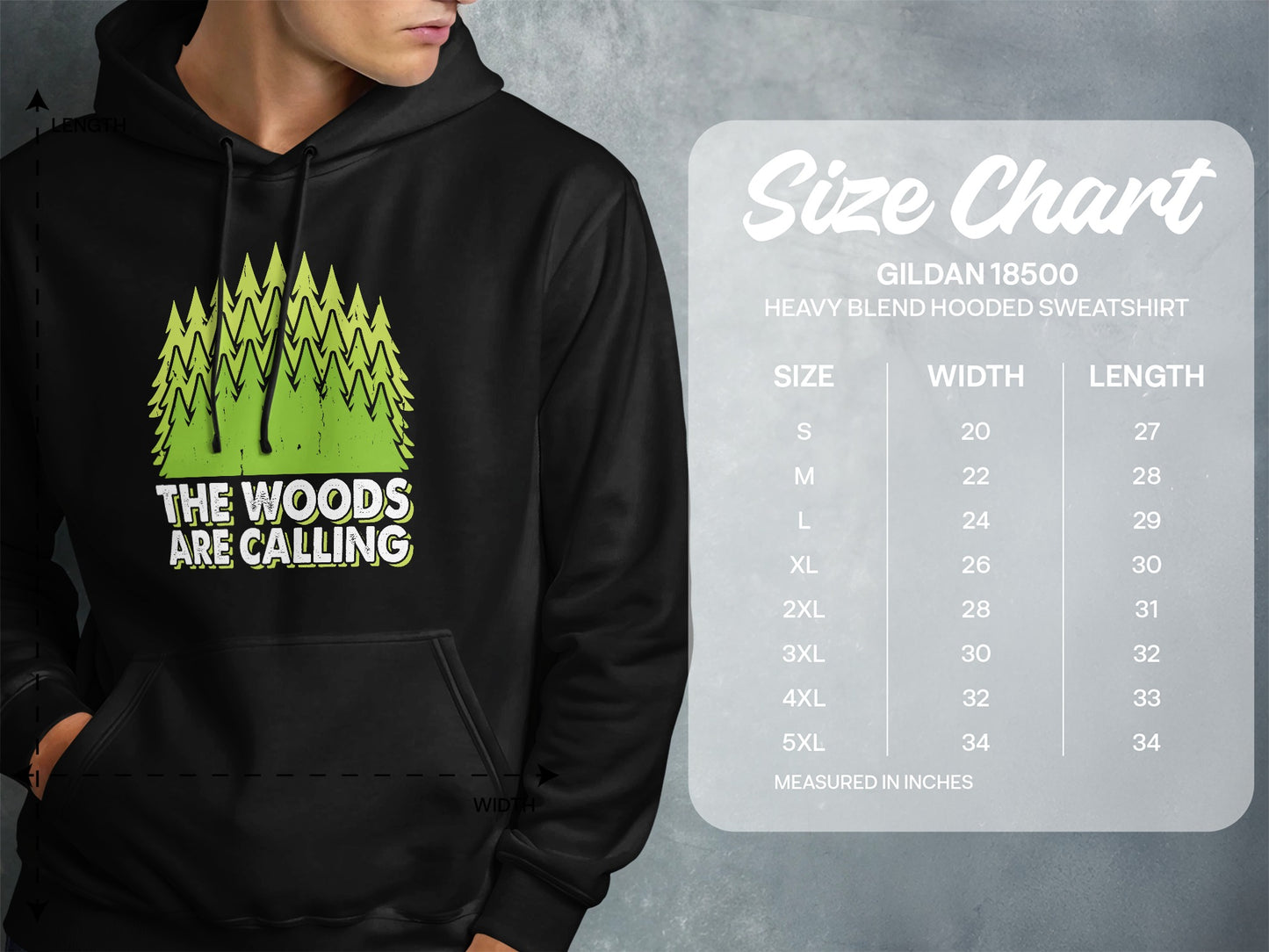 Black hoodie with "The Woods Are Calling" and size chart.
