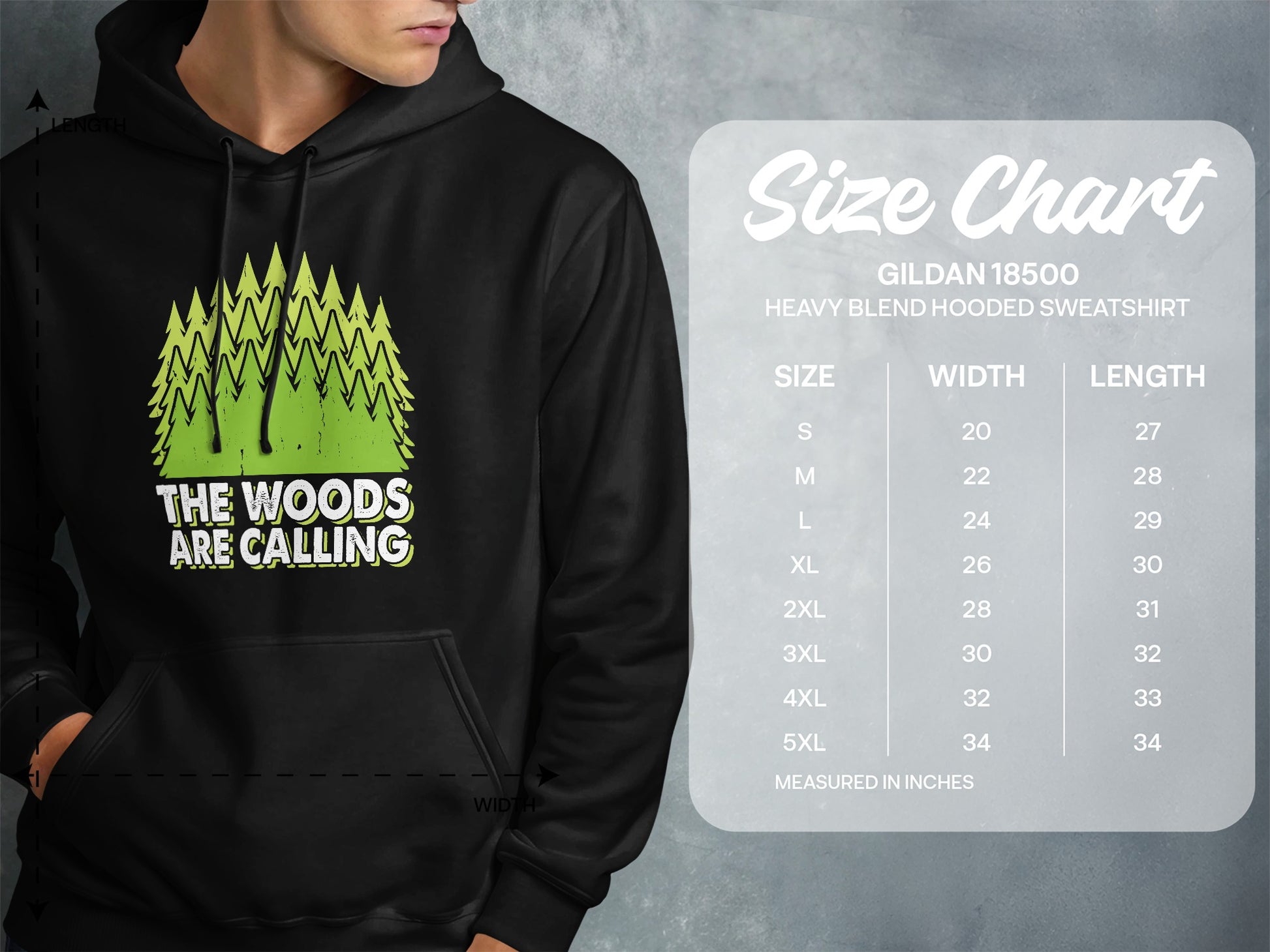 Black hoodie with "The Woods Are Calling" and size chart.