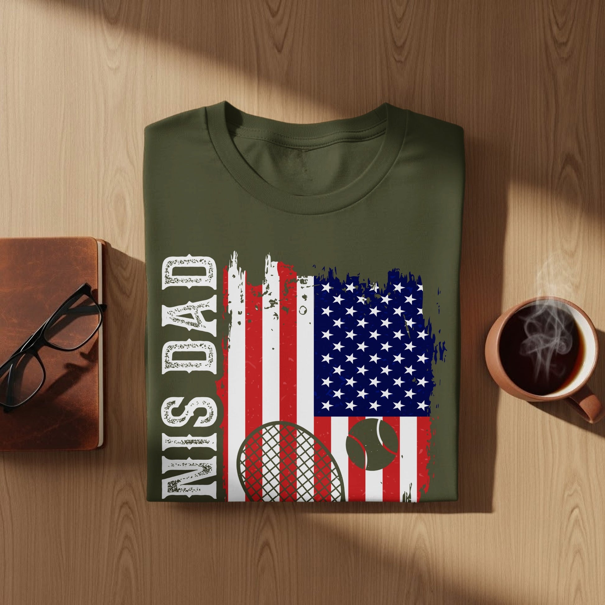 Olive green t-shirt with distressed American flag and tennis imagery.