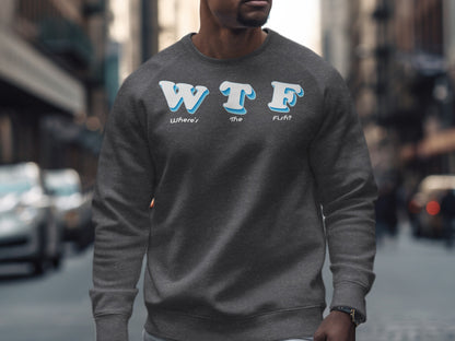 Dark grey sweatshirt with "WHERE'S THE FISH?" text on chest.