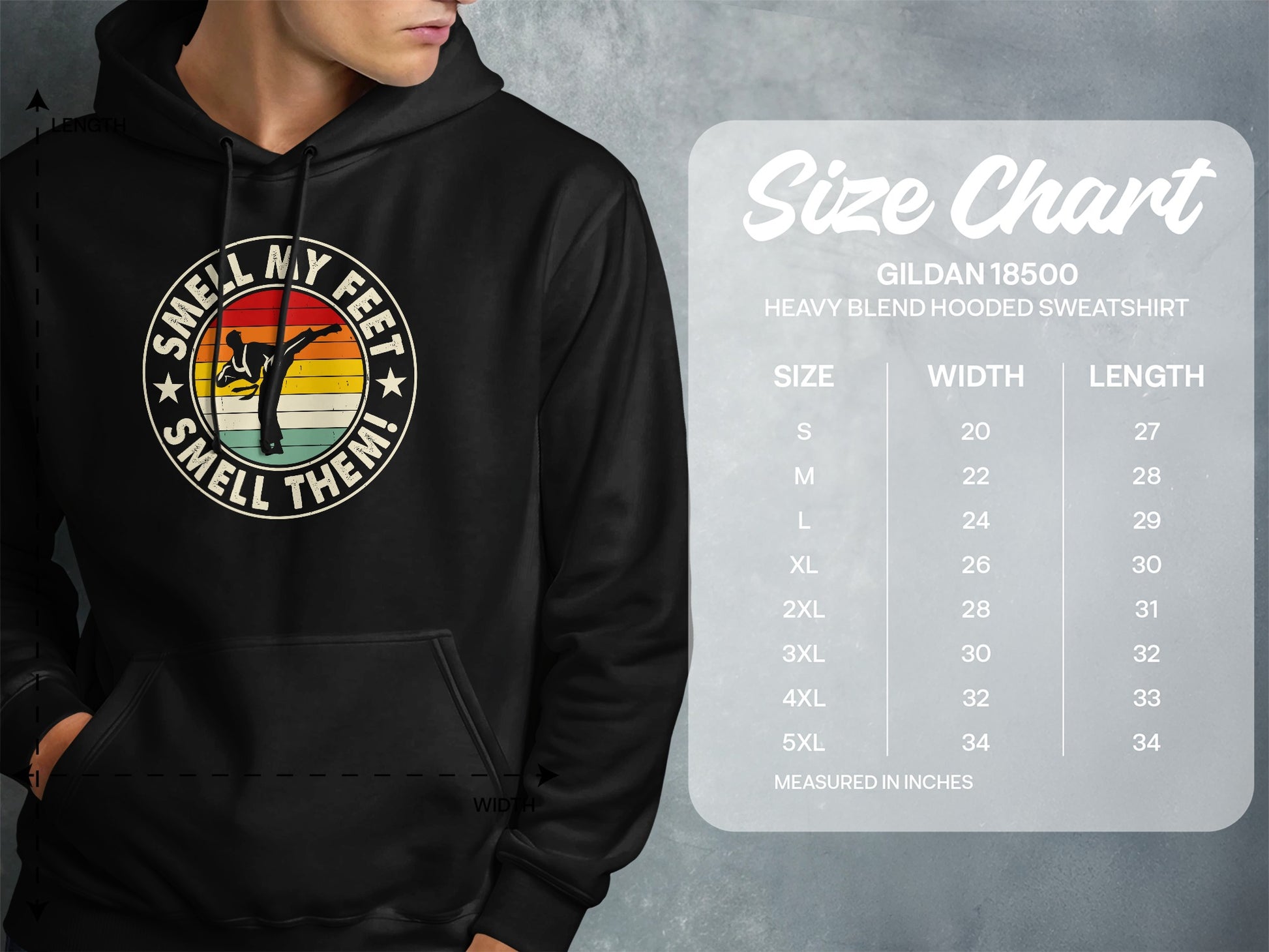 Gildan 18500 hoodie size chart with garment measurements in inches.