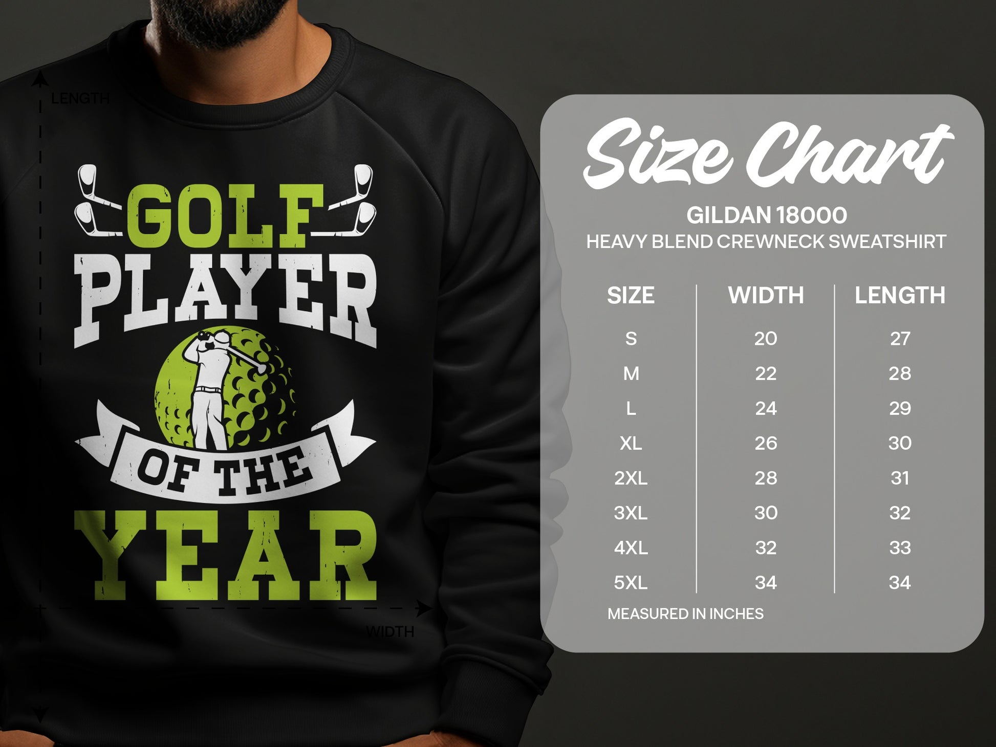 Black sweatshirt with "Golf Player of the Year" graphic and size chart.