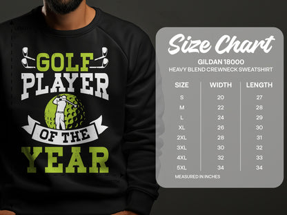 Black sweatshirt with "Golf Player of the Year" graphic and size chart.