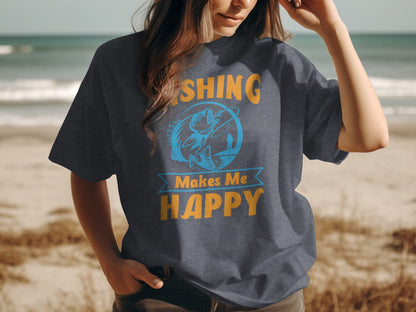 Dark t-shirt with "Fishing Makes Me Happy" and a fish graphic.