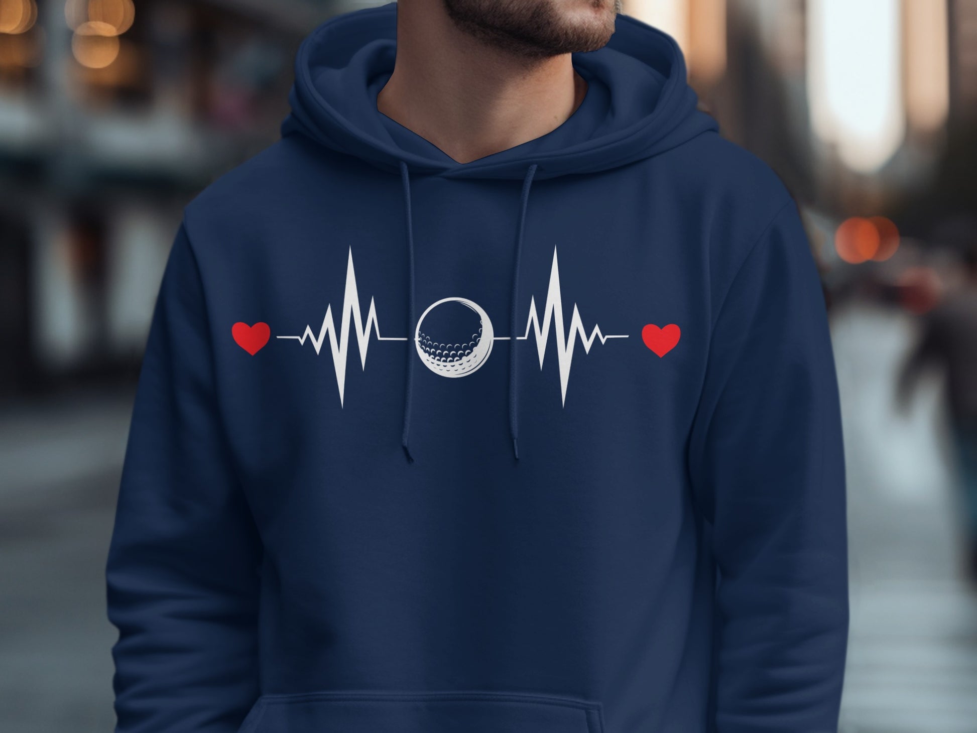 Navy hoodie with a heartbeat EKG line and golf ball design.