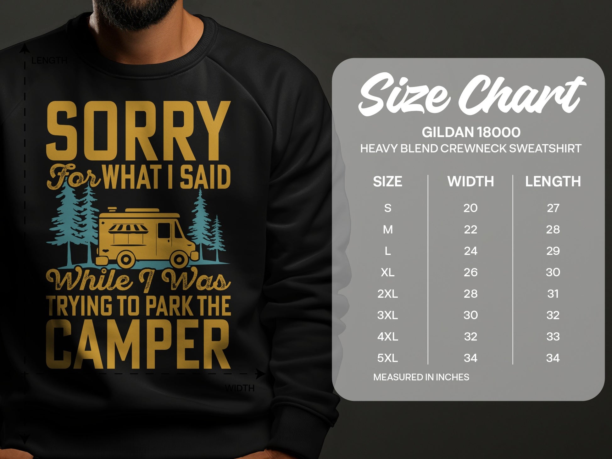 Black sweatshirt with "Sorry for what I said while I was trying to park the camper" text.