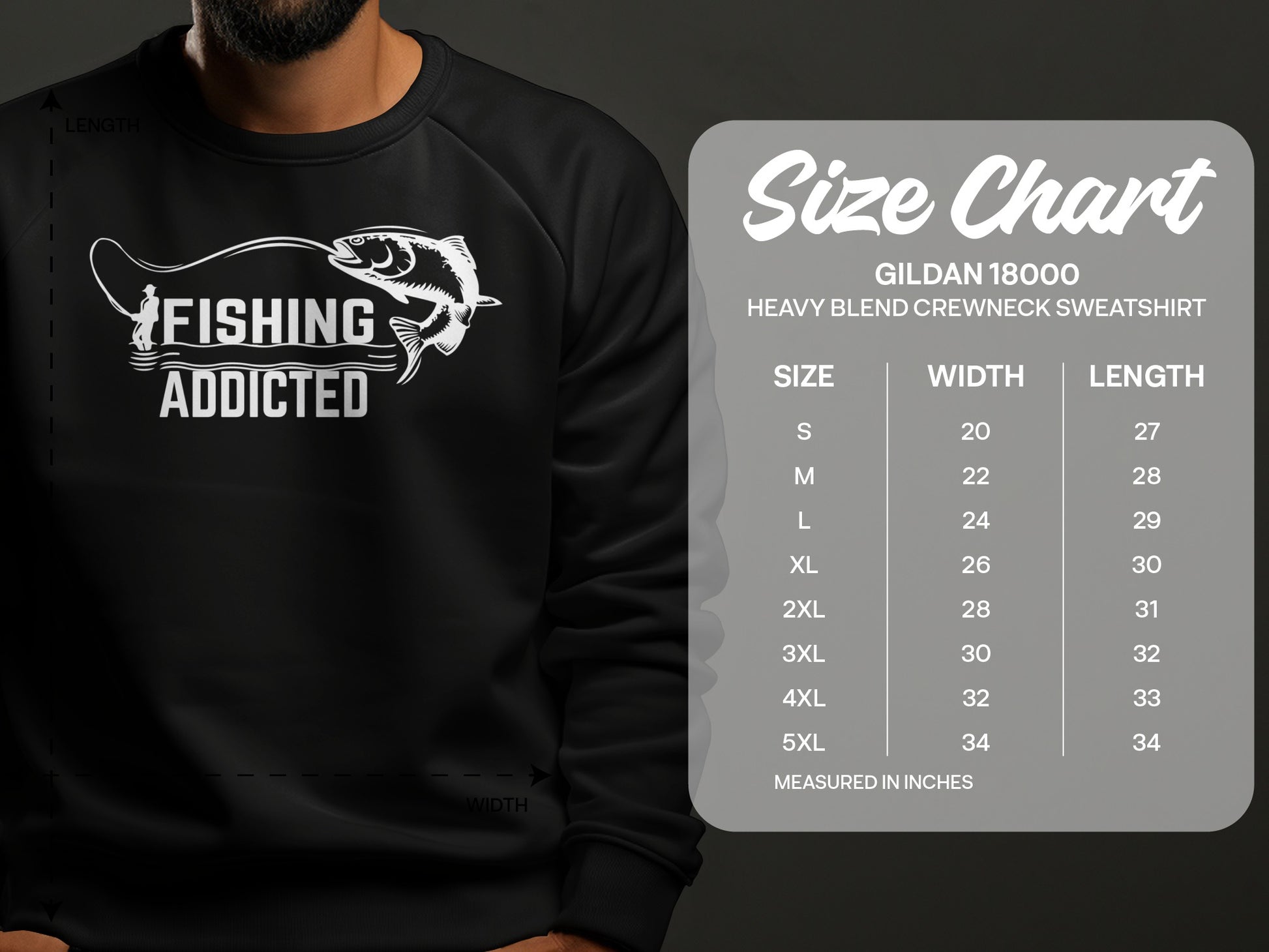 Gildan 18000 sweatshirt size chart with "FISHING ADDICTED" graphic.