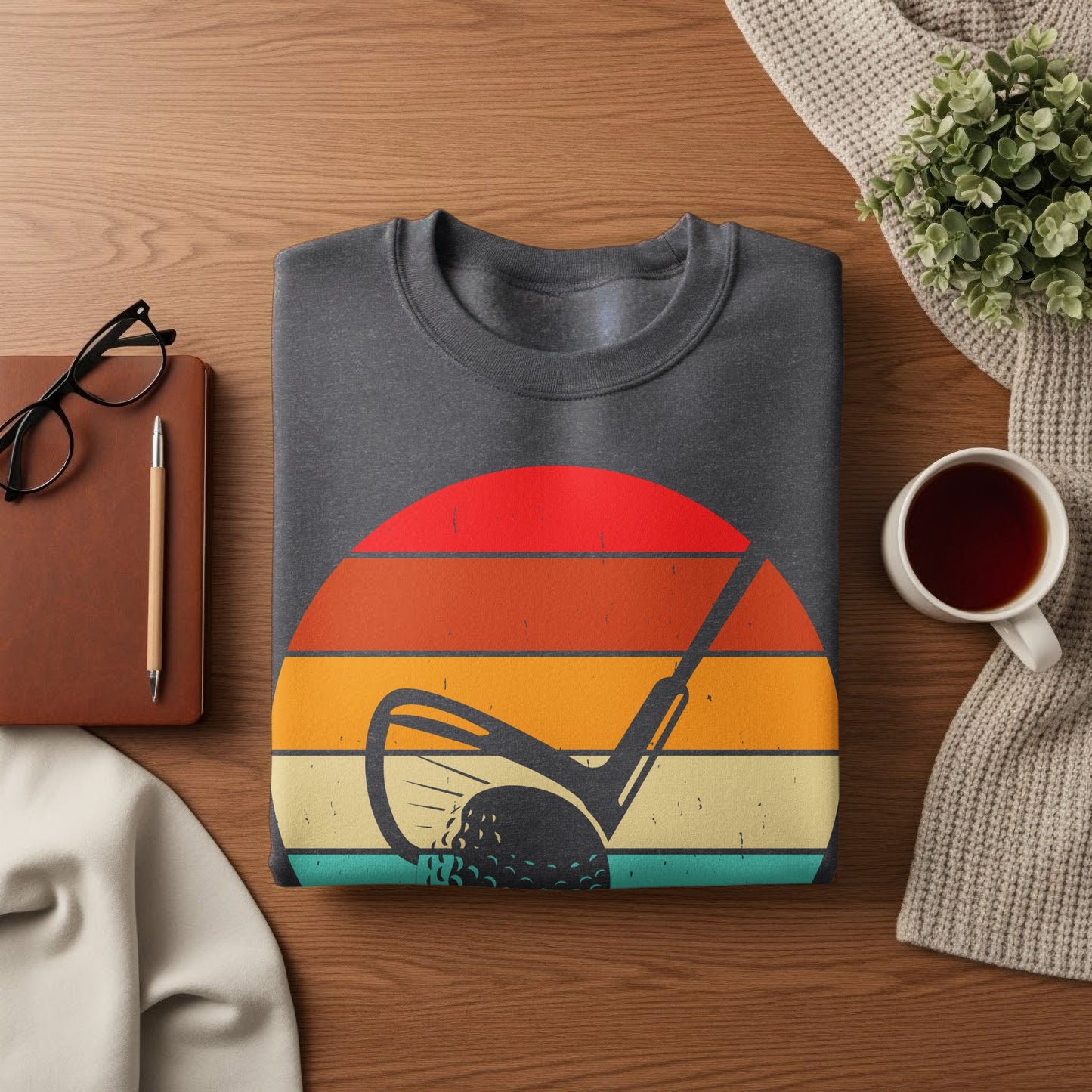 Dark gray sweatshirt with vintage sunset and golf club graphic.
