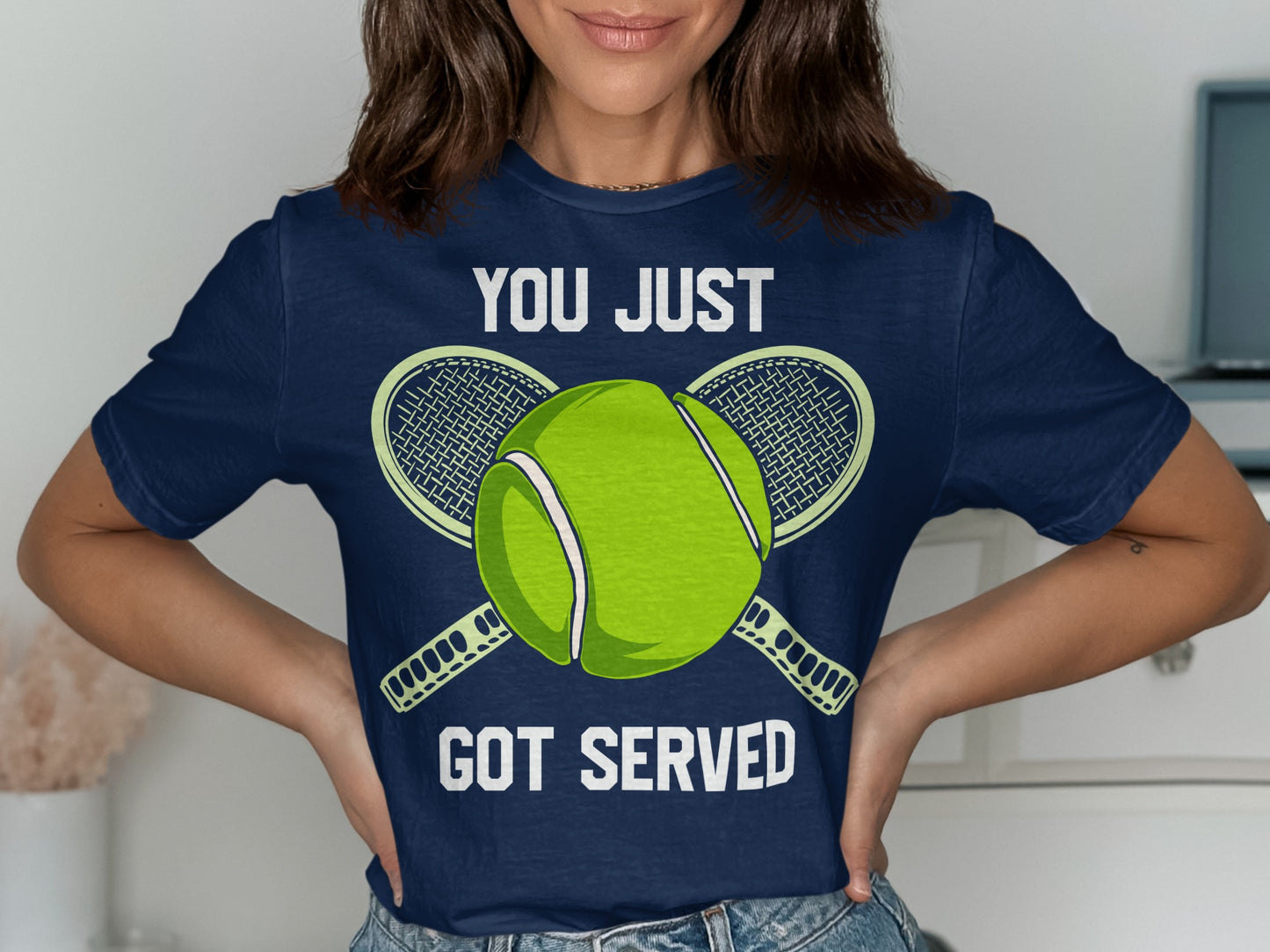 Navy t-shirt with "YOU JUST GOT SERVED" and tennis rackets and ball.