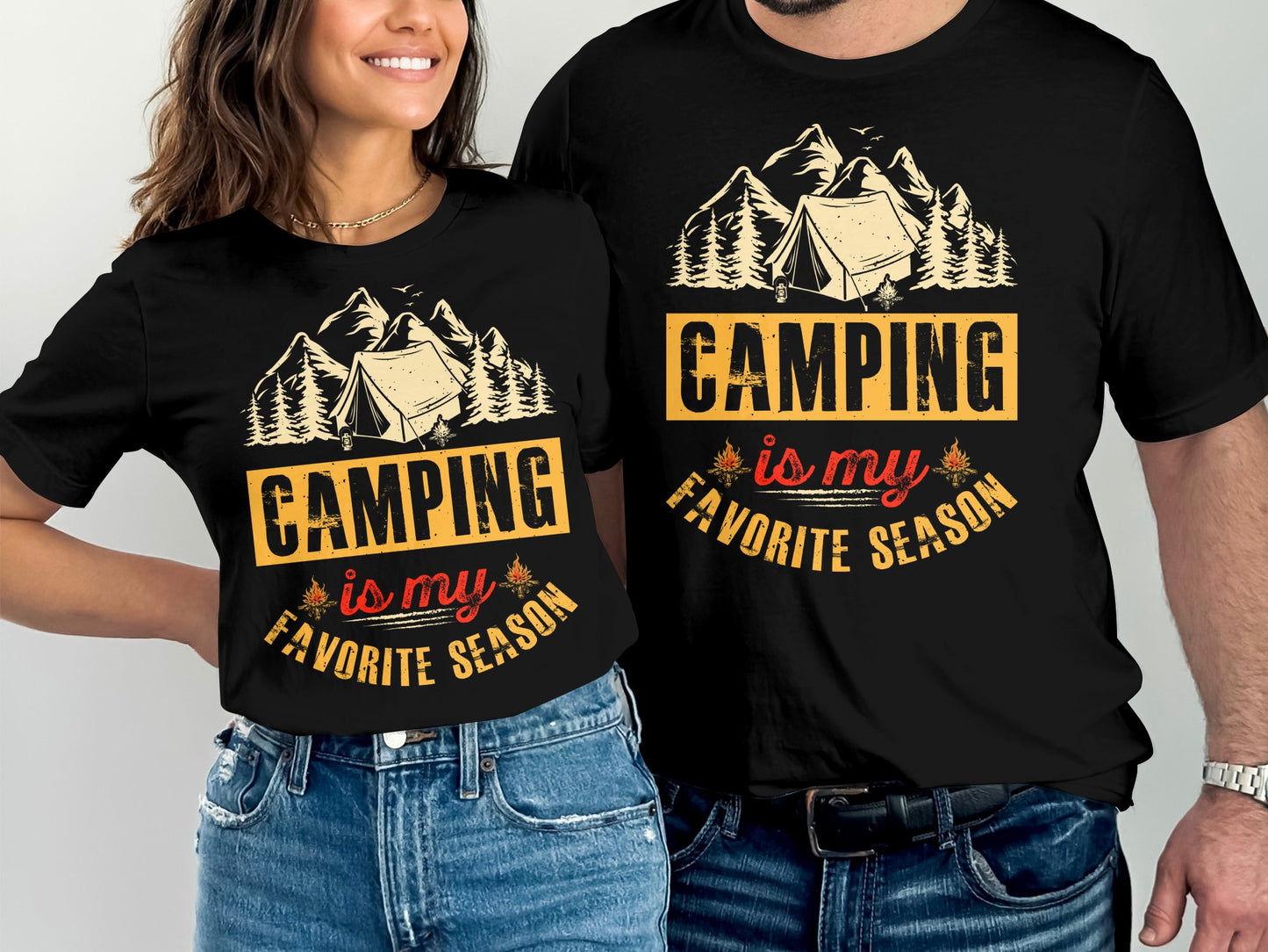 T-shirt with "Camping is my favorite season" and mountain graphics.