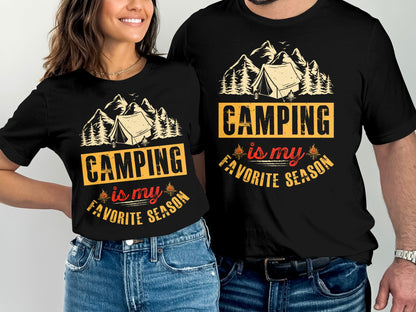 T-shirt with "Camping is my favorite season" and mountain graphics.
