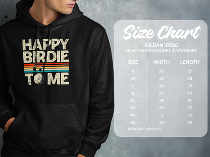 Hoodie with "Happy Birdie to Me" graphic and size chart.