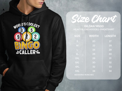 Bingo Caller graphic with Gildan 18500 hooded sweatshirt size chart.