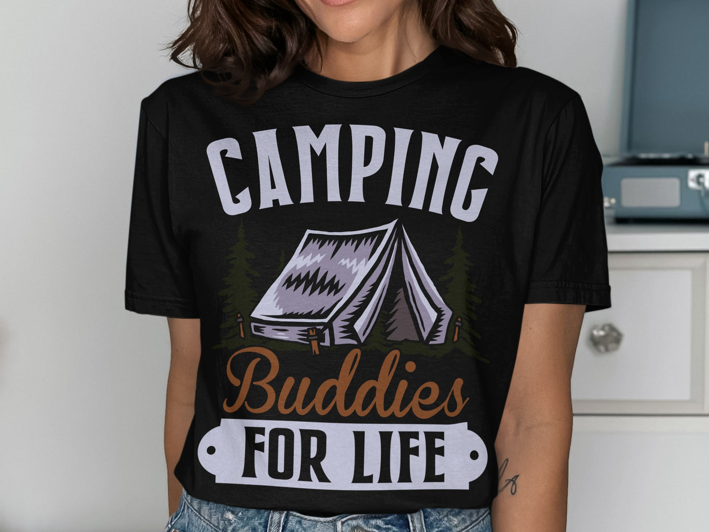 Black t-shirt with tent graphic and "Camping Buddies for Life" text.
