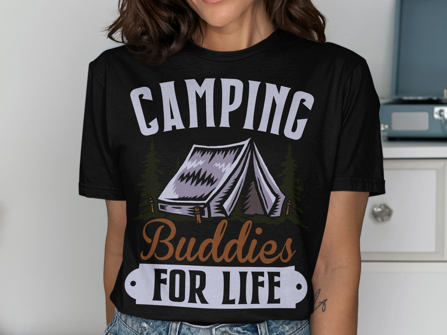 Black t-shirt with tent graphic and "Camping Buddies for Life" text.