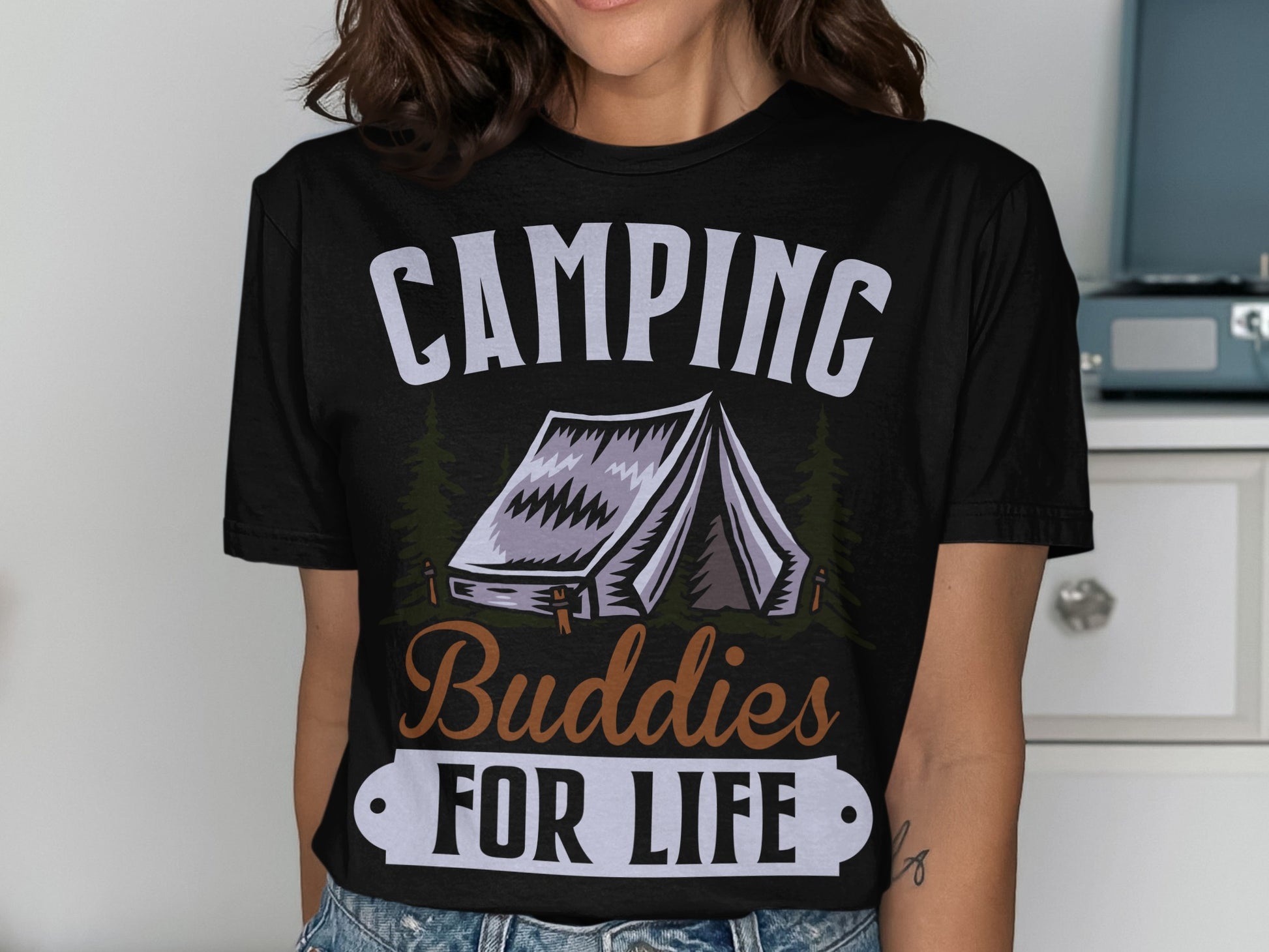 Black t-shirt with tent graphic and "Camping Buddies for Life" text.