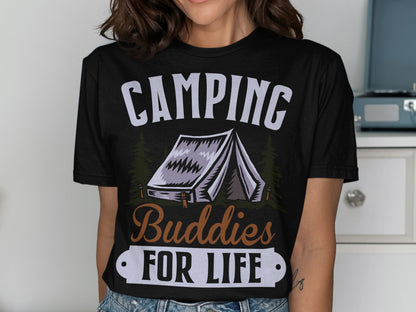 Black t-shirt with tent graphic and "Camping Buddies for Life" text.