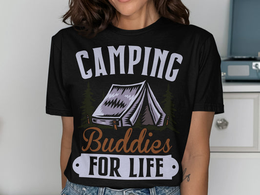Black t-shirt with tent graphic and "Camping Buddies for Life" text.
