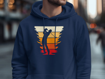 Navy hoodie with retro golf sunset graphic on chest.