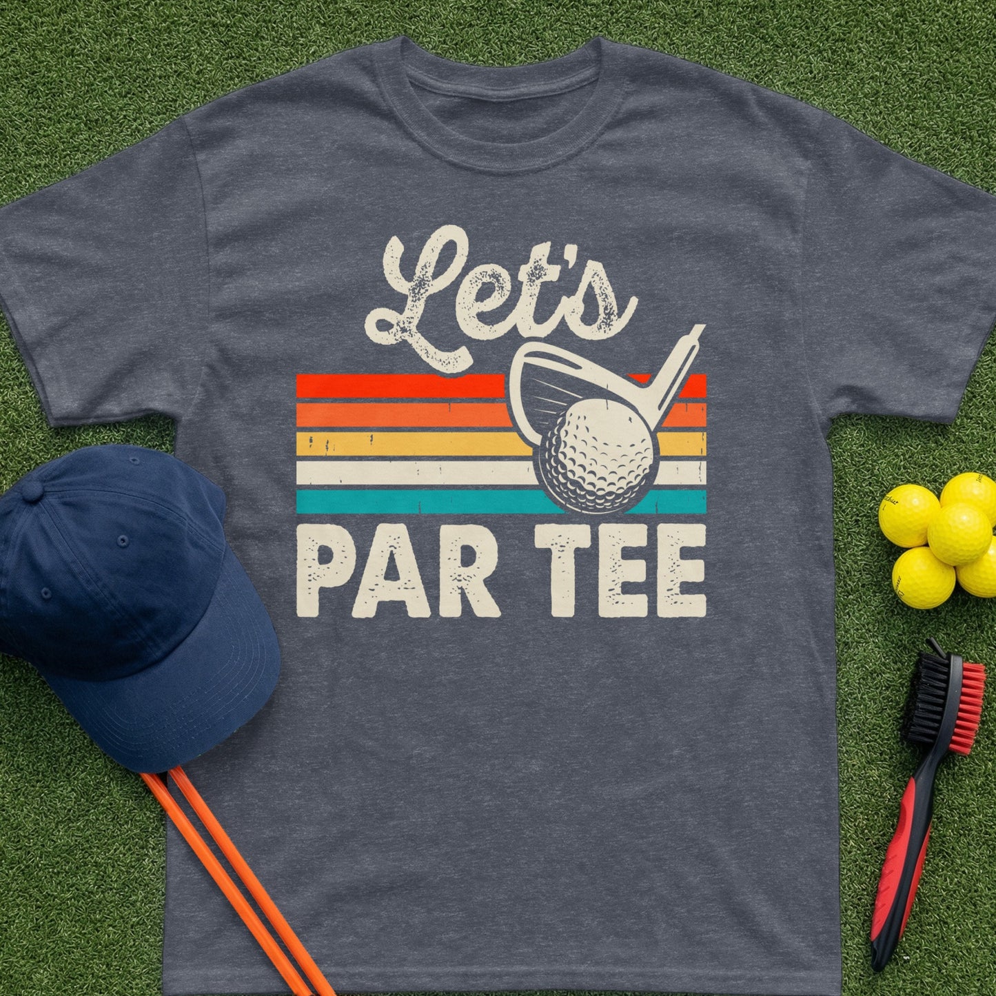 Let's Par Tee golf graphic t-shirt with golf balls and hat.
