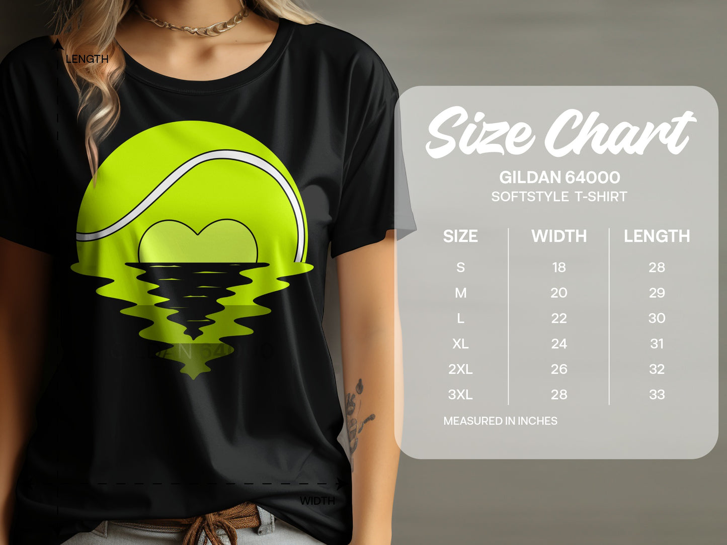 Black t-shirt with neon green tennis ball heart reflected in water.