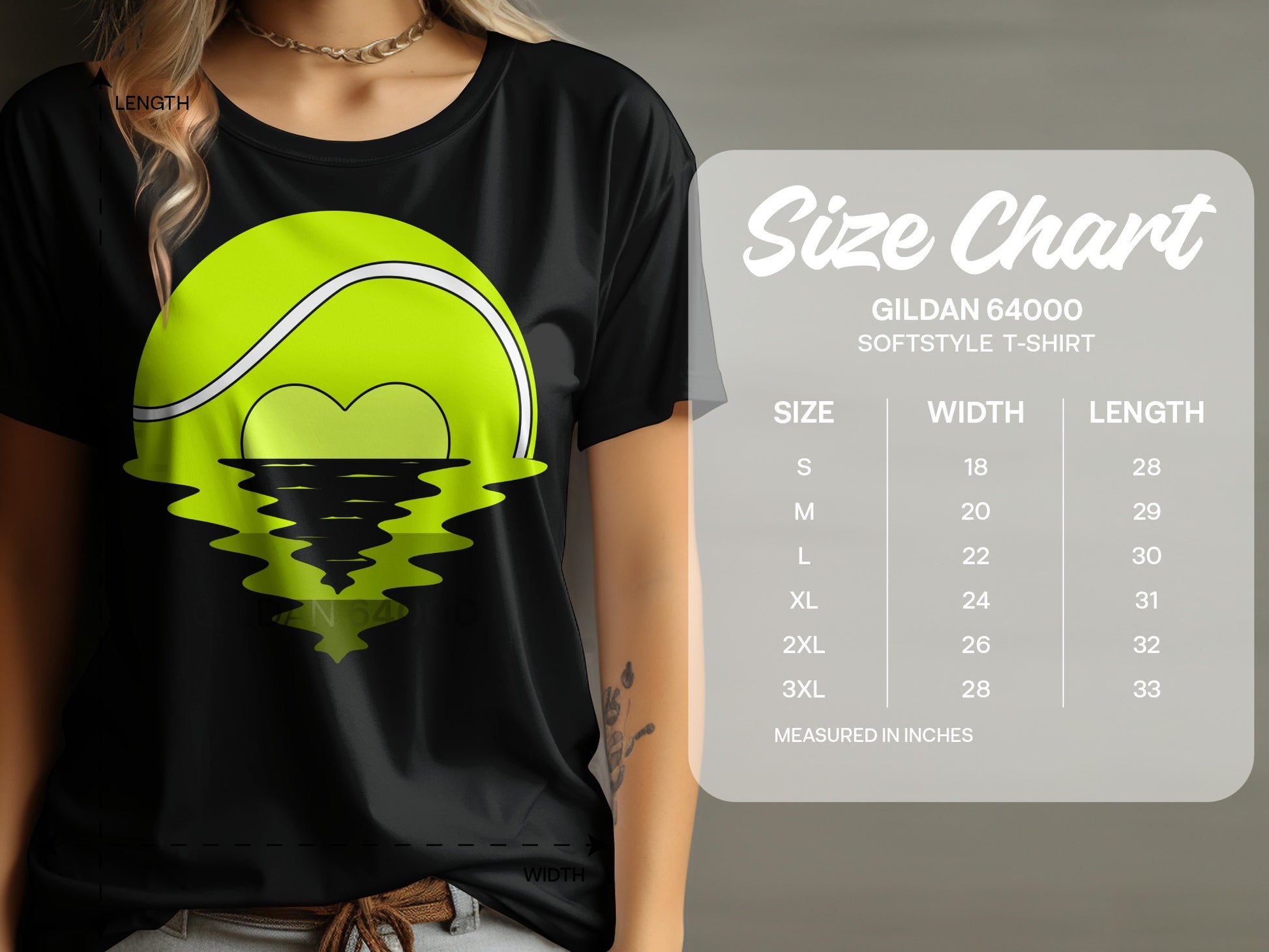 Black t-shirt with neon green tennis ball heart reflected in water.
