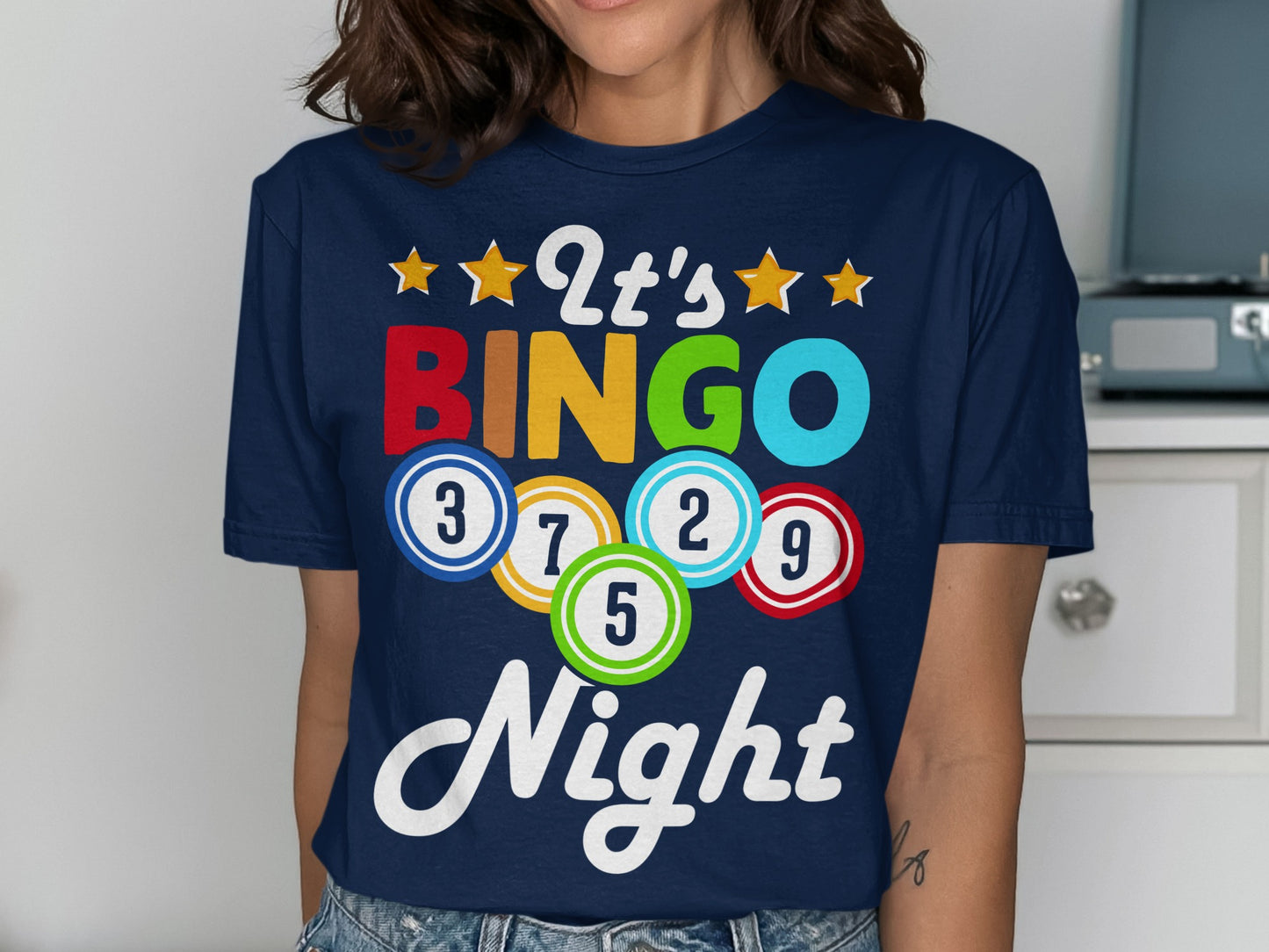 Navy t-shirt with "It's BINGO Night" and colorful bingo balls.