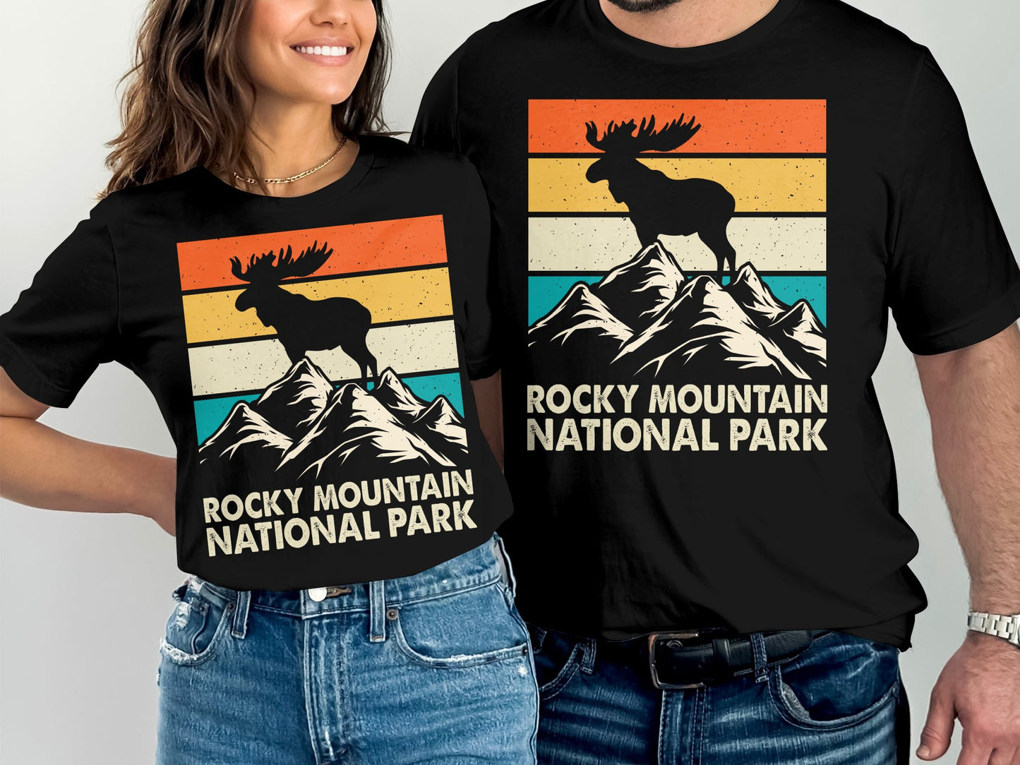 T-shirts featuring a moose silhouette on mountains, with "Rocky Mountain National Park" text.