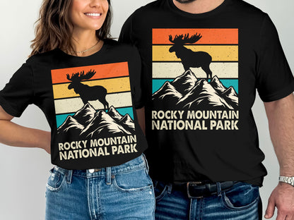T-shirts featuring a moose silhouette on mountains, with "Rocky Mountain National Park" text.