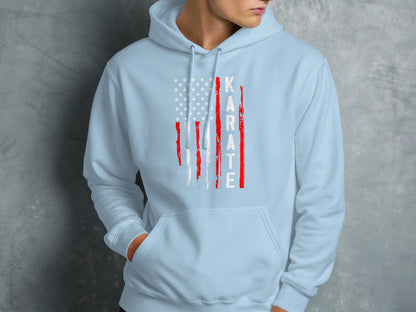 Light blue hoodie with distressed American flag and "KARATE" text on chest.