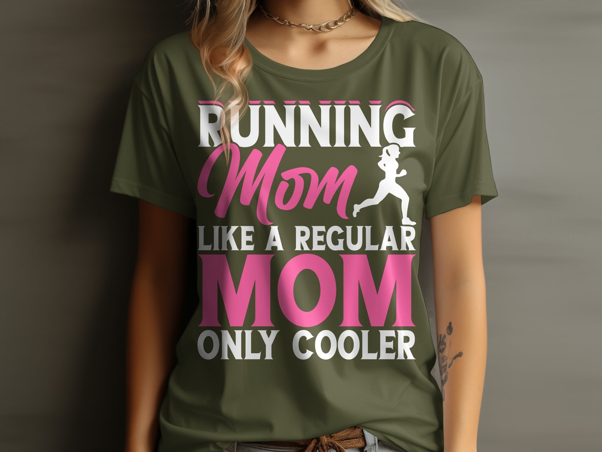 Green t-shirt with text "RUNNING Mom LIKE A REGULAR MOM ONLY COOLER" and running figure.